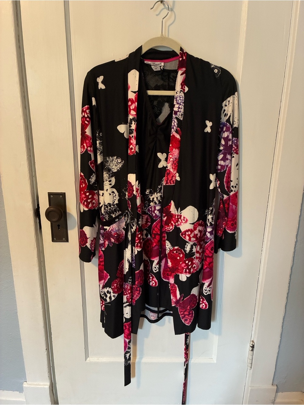 Linea Donatella Black Floral Robe with Pink, Red and White Accents